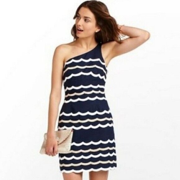 Lilly Pulitzer One Shoulder Blue White‎ Gold Dress Size 0 MSRP $298 - Picture 5 of 6